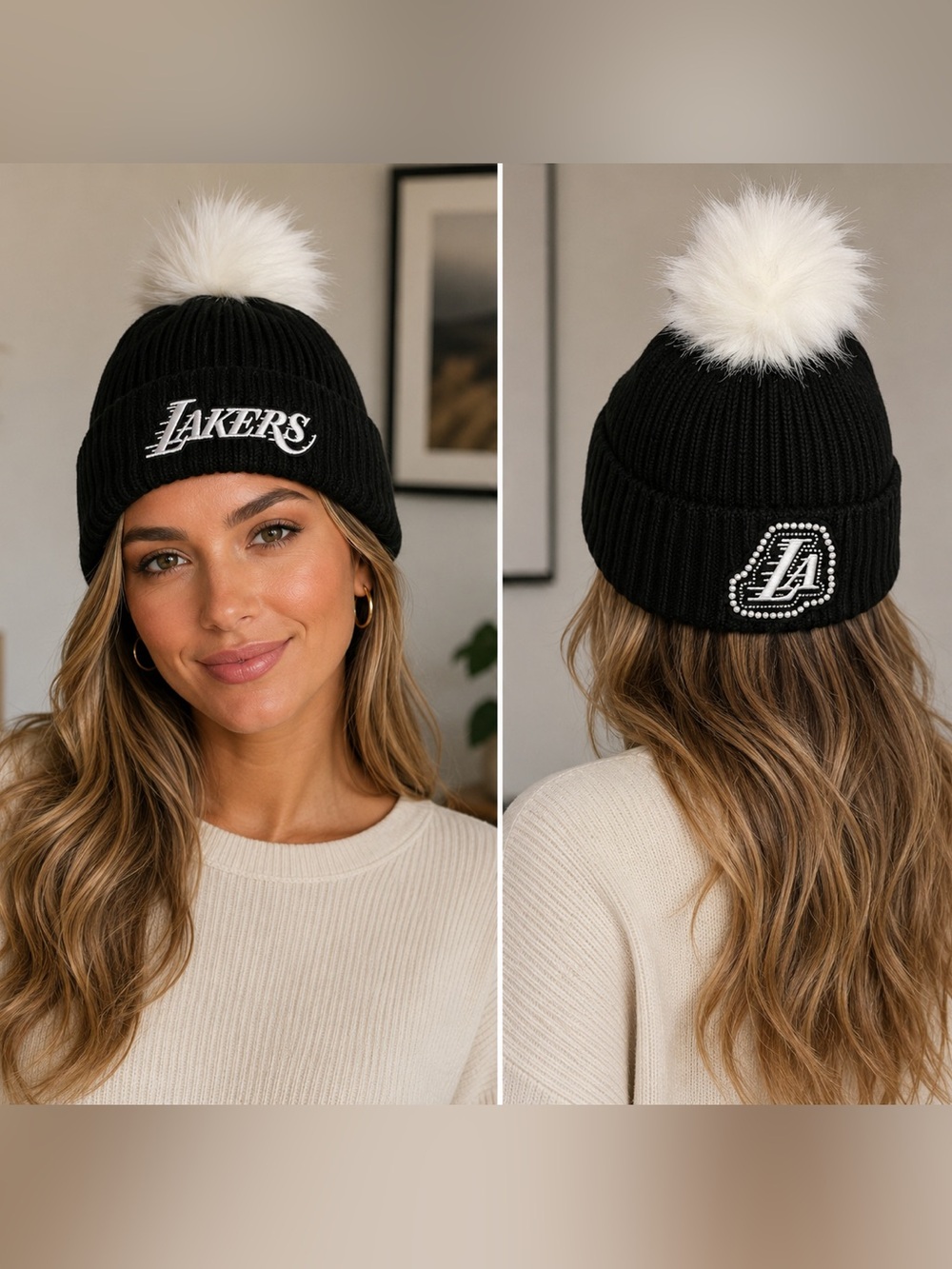 NBA LA Lakers Black & White winter Pom Pom Hat NWT